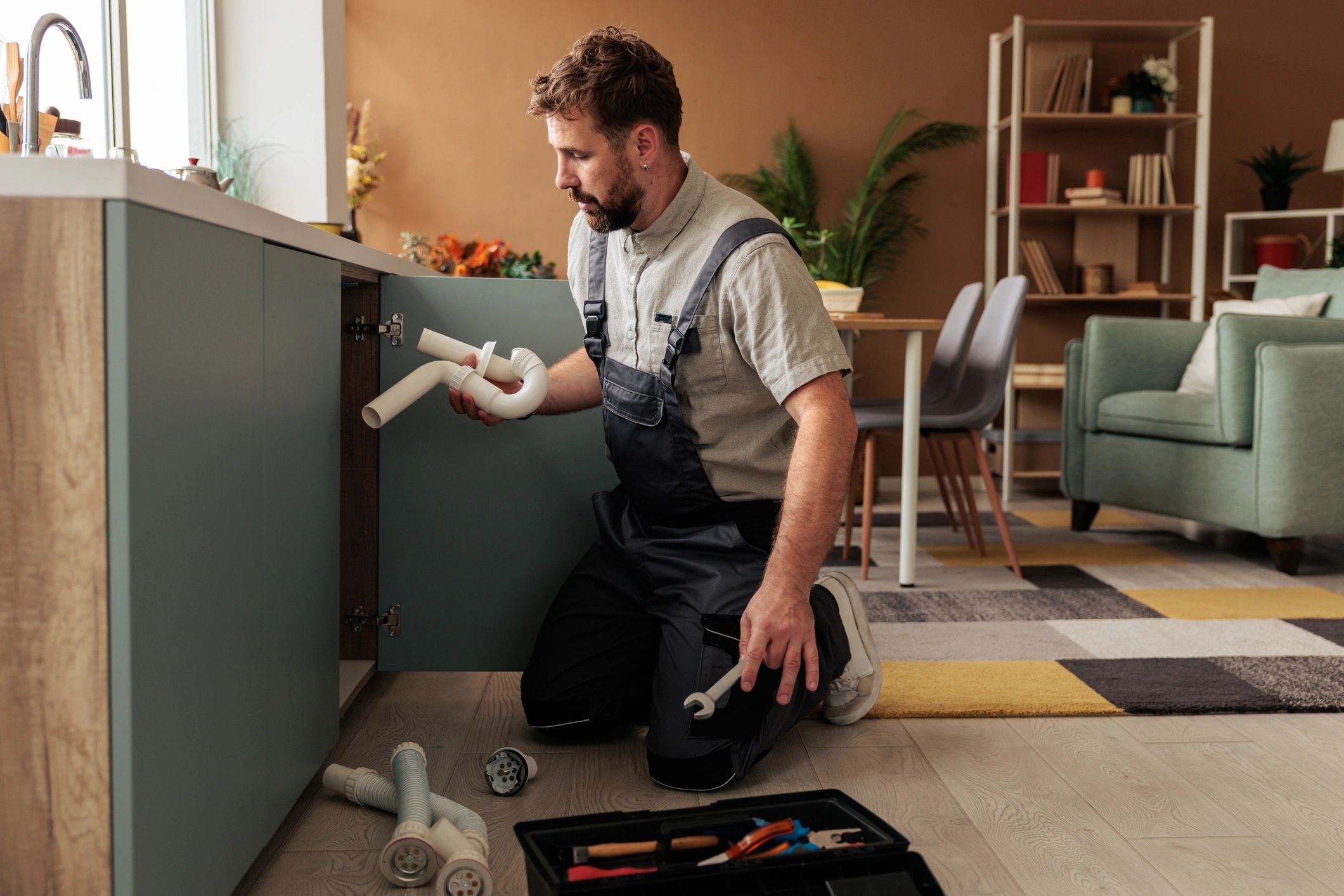 Plumber working under a kitchen sink